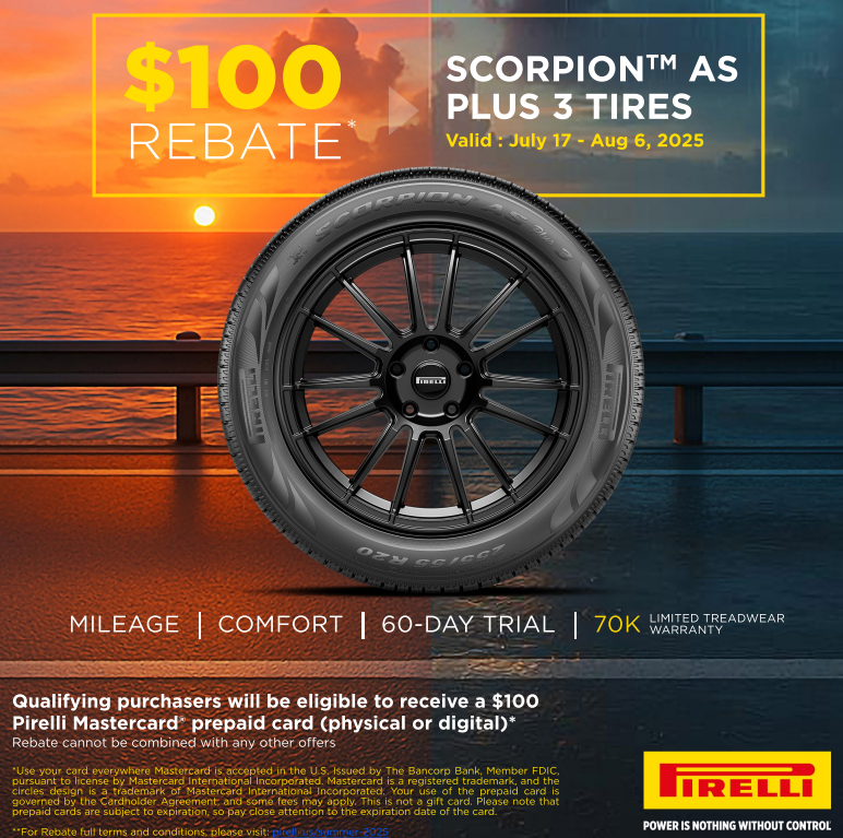 Get $100 back on qualifying sets of 4 Pirelli Scorpion(tm) AS Plus 3 tires